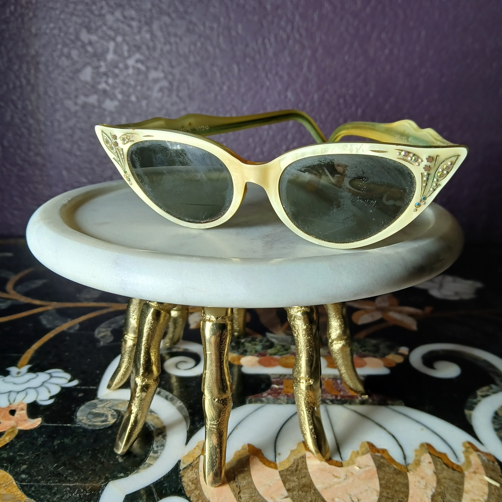 😎 1950s French Cat Eye Bifocal Sunglasses Rhinestones Pearlized Retro Vintage